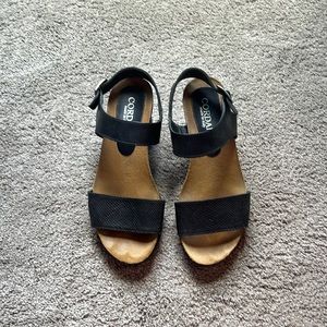 Cordani black leather sandal embossed snake skin strap across toes